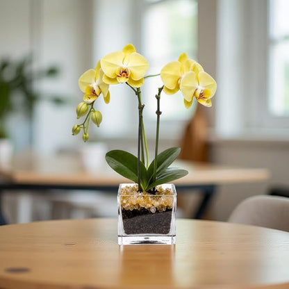 Live Yellow Double Stem Phalaenopsis Orchid Plant with Citrine Quartz - Premium Flowering Houseplant for Home Office Decor, Easy Care Live Plant