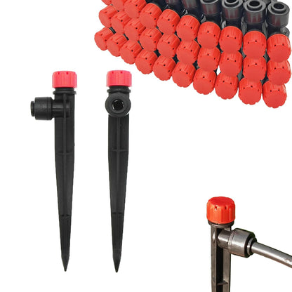 30pcs Drip Irrigation Emitters - Push-to-Quick Connect to 1/4" Tube - Adjustable 360 Degree Drippers Emitters Vortex on 5.3" Stakes-Garden Watering System (Red Emitters Stream-30PCS)