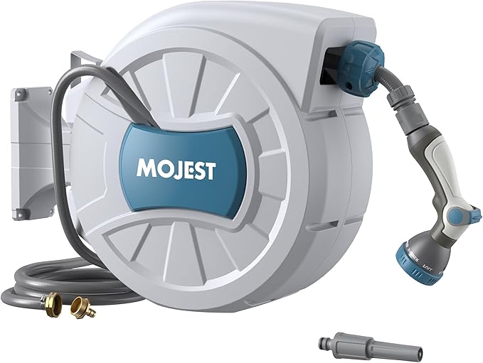 Retractable Garden Hose Reel - 1/2 in x 100 ft Wall Mounted Heavy Duty Water Hose Reel with Automatic Slow Rewind System, 180°Swivel Bracket, 2 Hose Nozzle, Light Gray