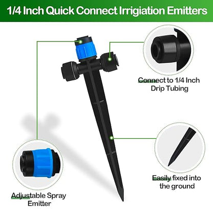 Push-to-Fit Drip Irrigation Vortex Emitters for 1/4" Drip Irrigation Tubing, 20 Pcs Adjustable 360 Degree Water Flow Fan Shape Drippers with Stake in-Line Drip System Emitter