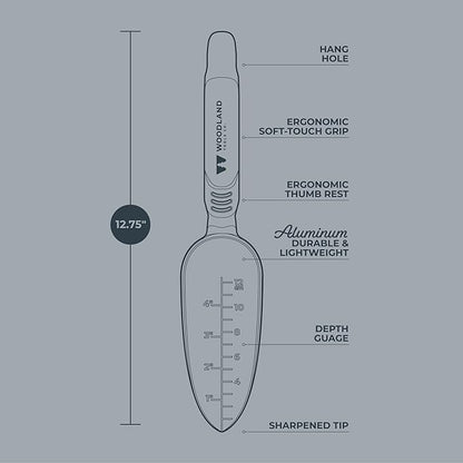 Woodland Tools Heavy Duty Garden Transplanter - Narrow Anodized Aluminum Hand Shovel with Depth Markings and Ergonomic Grip, Planting and Digging Tool for Soil, Flowers, Bulbs, and Raised Beds