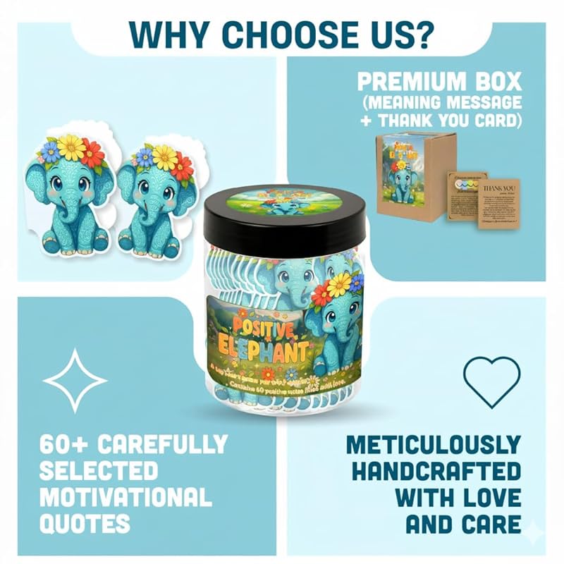 Positive Elephant Jar with 60 Daily Affirmation Cards, Emotional Support Elephant, Elephant Decor, Office Desk Accessories, Gift for Teenage Girl, Mens Birthday Gift, Appreciation Gifts
