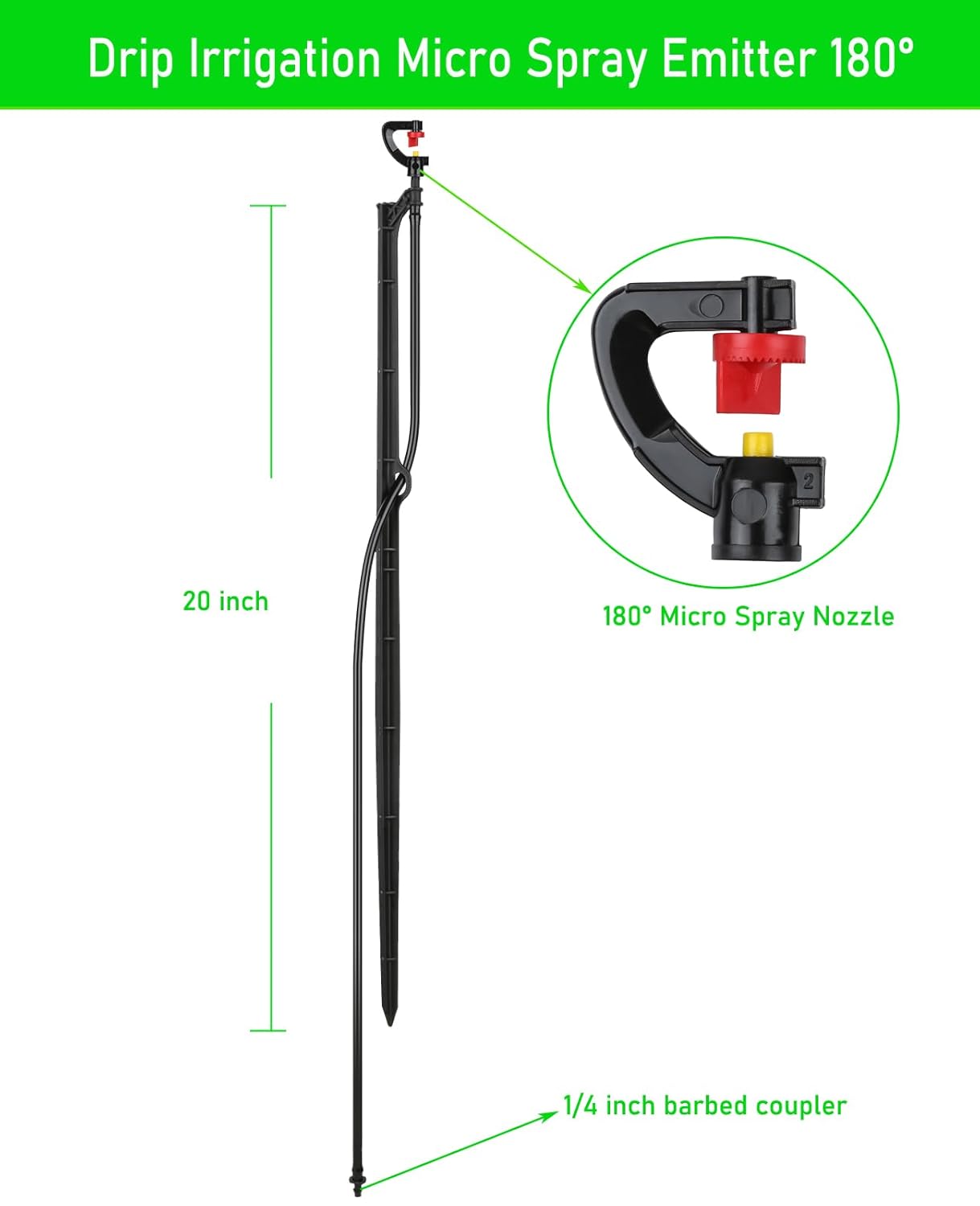 Drip Irrigation Micro Spray Emiters: 180° 360° and Rectangular Sprinkler Nozzles 3 pcs Each, with 1/4-Inch Tubing and Barbed Inlet on 20-Inch High Stake 9 pcs