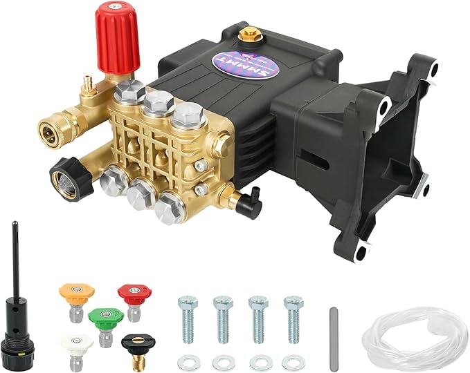 Pressure Washer Pump Max 4400 PSI 4 GPM, 1" Shaft Horizontal Gas Power Washer Pump Replacement, Direct Drive Triplex Plunger Replacement Pump with Pressure Adjustment Unloader, 5 Nozzle Tips