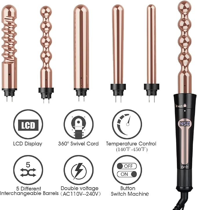 5 in 1 Curling Iron Set, 24K Rose Gold Hair Curlers with Interchangeable Ceramic Barrels, Hair Crimper, Wand Curling Iron & Waver for Long & Short, Fast Heat & Protective Gloves