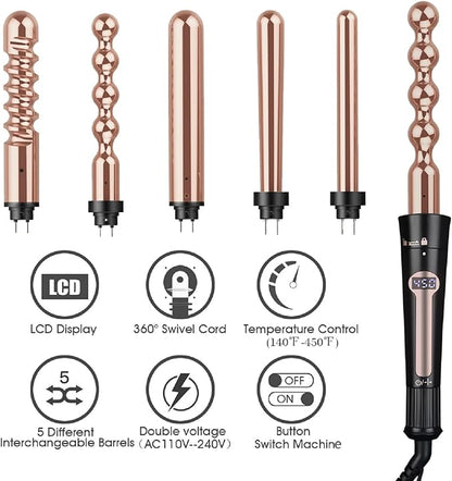5 in 1 Curling Iron Set, 24K Rose Gold Hair Curlers with Interchangeable Ceramic Barrels, Hair Crimper, Wand Curling Iron & Waver for Long & Short, Fast Heat & Protective Gloves