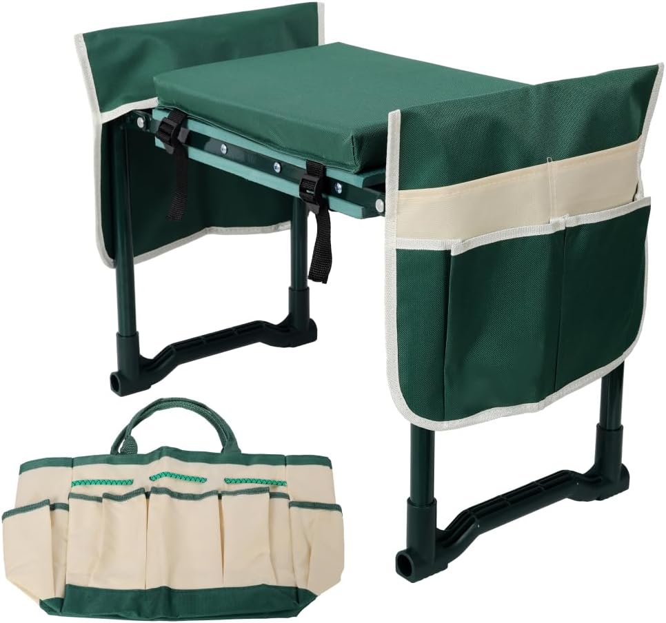 Garden Kneeler and Seat Bench with 2 Free Tool Pouch, Foldable Stool, EVA Foam Pad, with an Extra Soft Wider Cushion, and Large Tool Bag for Gardeninng Lovers