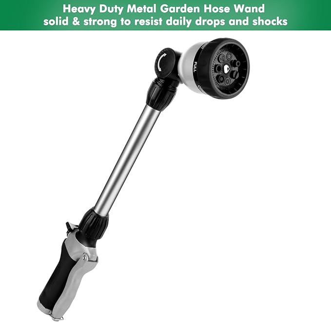 RESTMO Metal Watering Wand, Heavy Duty Garden Hose Wand with 180° Swivel Ratcheting Head, 16'' Hose Nozzle Sprayer with 7 Spray Patterns and Flow Control, for Water Hanging Baskets and Shrubs, Black