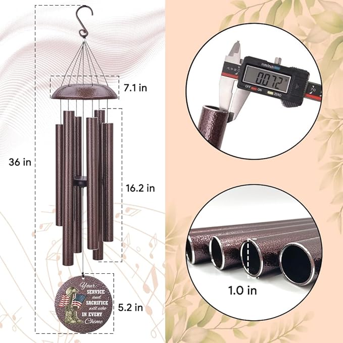 36inch Personalized Wind Chimes, Memorial Wind Chimes for US Veteran, Wind Chime for Loss of Loved Dad/Mom, Sympathy Memorial Gifts, Thank You Veteran Solider, Outdoor Decor