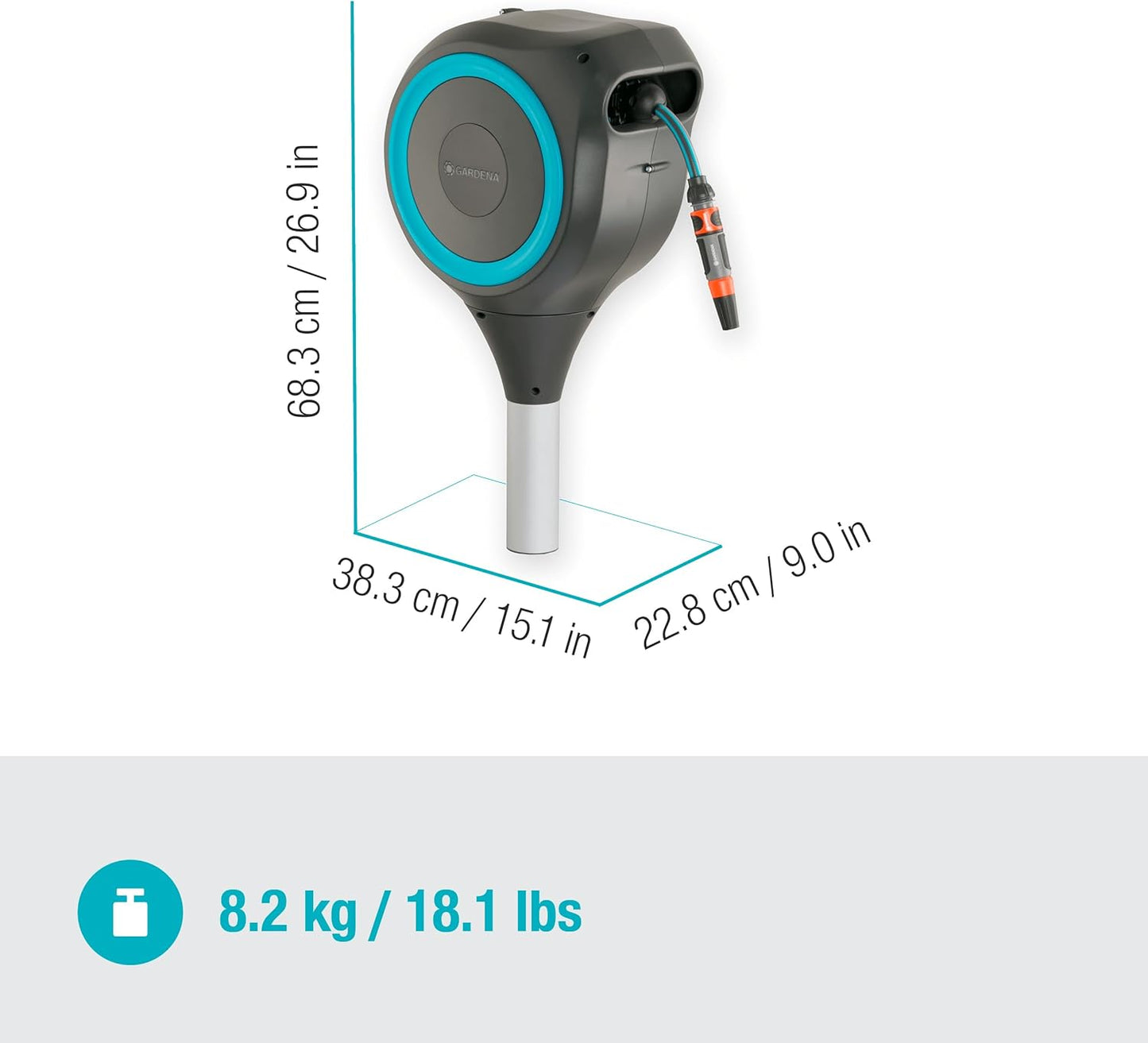 GARDENA 18604 | 50' x 1/2" Automatic Retractable Garden Hose Reel for Outside Use on Metal Spike With Easy Swivel for Simple Watering of Gardens and Grass. Easy Installation in Ground