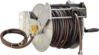 Giraffe Tools Stainless Steel Garden Hose Reel with 5/8" x 100 ft Heavy Duty Hose, Wall/Floor Mounted Metal Water Hose Reel with Crank Handle