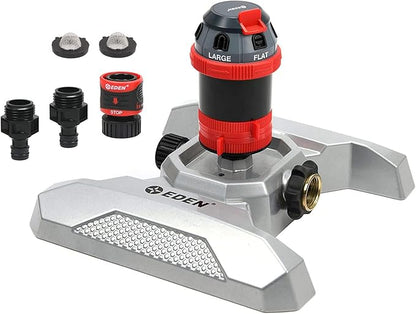 Eden Metal Adjustable 6-Pattern Rotary Gear Drive Garden Sprinkler Bundle with Oscillating Sprinkler for Yard