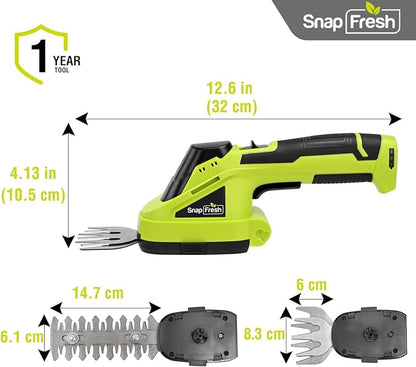 SnapFresh Cordless Grass Shear Bush Trimmer, 2 in 1 Handheld Hedge Trimmer, 7.2V Electric Grass Trimmers, Lightweight Shrubbery Trimmers Battery & Charger Included, Shrub Trimmer for Garden(Green)