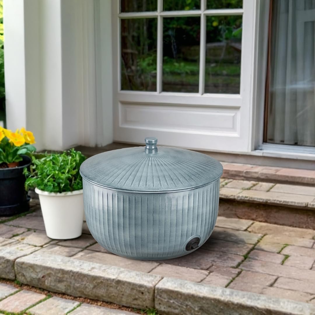 Monarch Abode Decorative Garden Hose Holder with Lid, Patina Storage for Outdoor Use, 100 ft Water Hose Pot for Outside, Ridge Embossed Metal Pot with Drainage, Garden Storage Organizer