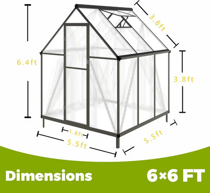 6 x 6 FT Greenhouse for Outside,Aluminum Walk-in Greenhouse,Dark Gray