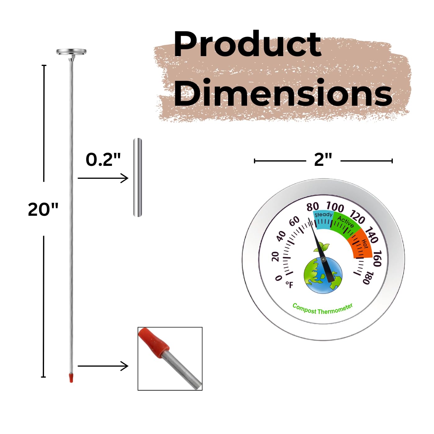 20 Inch Compost Soil Thermometer 0-180° Fahrenheit Backyard Stainless Steel Stem for Composting Bins Outdoor Gardening Planting Easy-to-Read 2.1” Dial Display