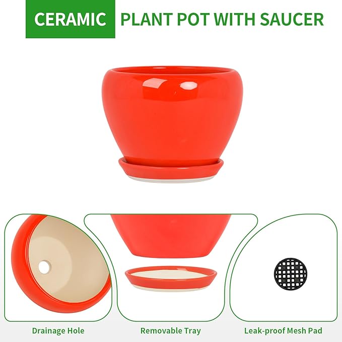 Deep Dream 10 Inch Plant Pot- Ceramic Planter Pot Round Plant Pots for Indoor Plants Outdoor Large Flower Pot with Drainage Holes & Trays, Red