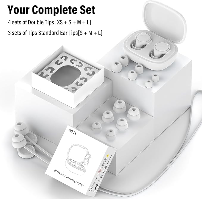 Ear Plugs for Sleeping Noise Cancelling - 35dB Reusable Ear Plugs with 7 Eartips and Carry Case - Flexible Hearing Protection - Replaceable Single/Double Eartips for Sleep, Focus, Travel, Work, White