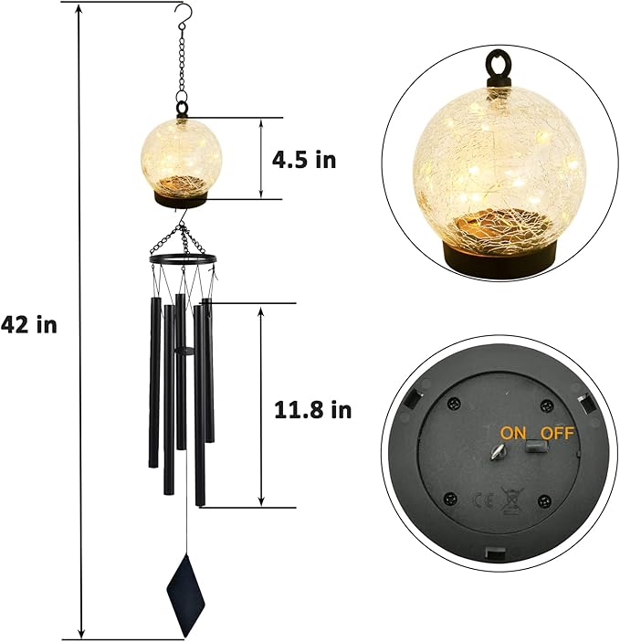 42 Inch Wind Chimes Outdoor Solar Lights, 15 Twinkle Warm White LED Large Sympathy Chime Crackled Glass Ball Birthday Gifts for Women Mom Grandma Decorative Hanging in Garden, Yard, Patio, Landscape