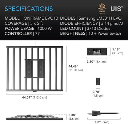 AC Infinity IONFRAME EVO10, Samsung LM301H EVO Bar LED Grow Light 5x5, 3710 Diodes, with Schedule Controller, 1000W Full-Spectrum Commercial Plant Lights for Indoor Growing in Grow Rooms & Greenhouses