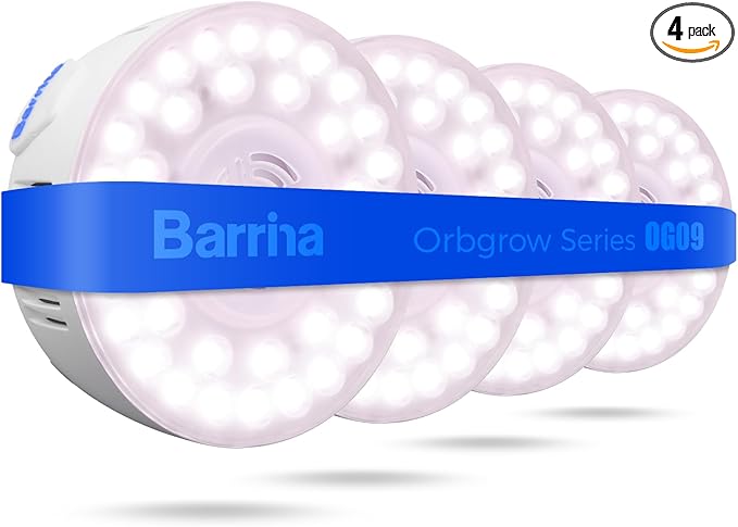 Barrina Orbgrow OG09 Puck LED Grow Light, Pinkish White 36W(4 x 9W, 540 Watt Equiv), Plant Lights for Indoor Plants Full Spectrum, Magnetic & Linkable, Small Grow lamp for Plant Shelf, 4 Packs