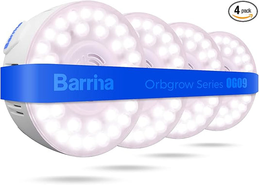 Barrina Orbgrow OG09 Puck LED Grow Light, Pinkish White 36W(4 x 9W, 540 Watt Equiv), Plant Lights for Indoor Plants Full Spectrum, Magnetic & Linkable, Small Grow lamp for Plant Shelf, 4 Packs