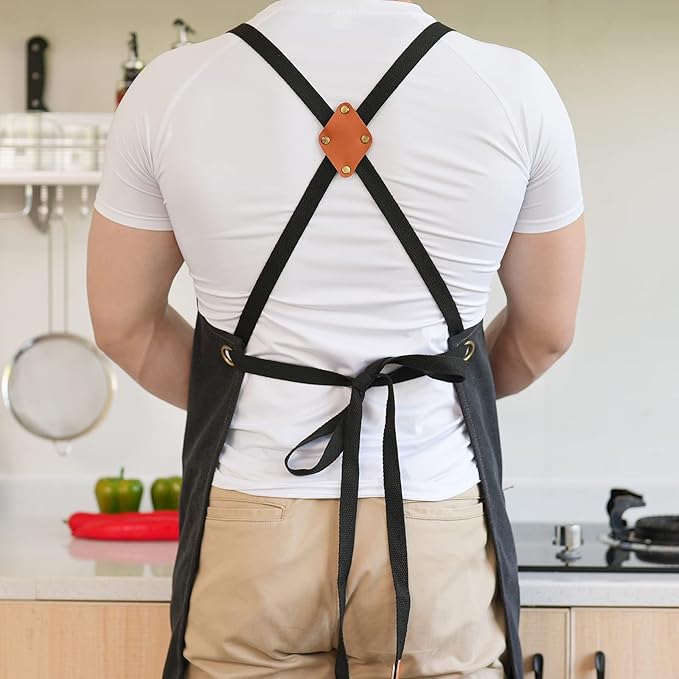 Canvas Aprons for Men Chef Apron, Work Apron with Large Pockets - 16oz Heavy Duty Cross Back, BBQ, Cooking