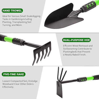 Garden Tool Set, 3Pack Gardening Tools, Stainless Steel Heavy Duty Hand Cultivator, Hoes, Shovel, for Planting Weeding Digging, Green
