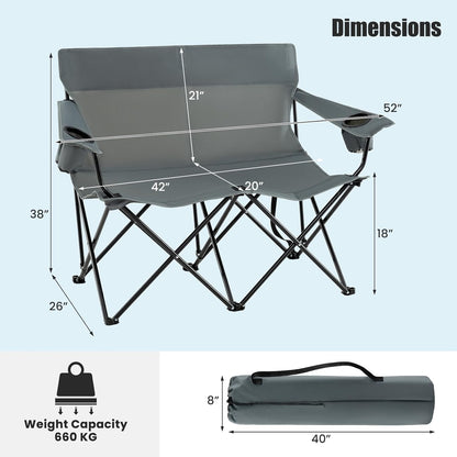 Goplus Double Camping Chair, Oversized Heavy Duty Camping Loveseat for Adults, Portable Folding 2 Person Camping Chair with Cup Holder for Outdoor Lawn Beach Backyard