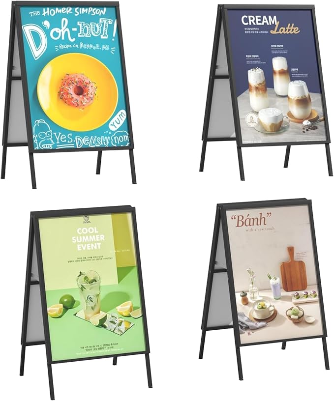 4 PCS A Frame Sign Holder-24x36 Inch, Heavy-Duty Double-Sided Sandwich Board Holder, Foldable Business & Store Sign Holders with Metal Flap to Protect Against Raindrops, for Pavement Outdoor, Frame Only