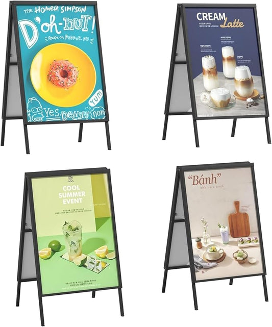 4 PCS A Frame Sign Holder-24x36 Inch, Heavy-Duty Double-Sided Sandwich Board Holder, Foldable Business & Store Sign Holders with Metal Flap to Protect Against Raindrops, for Pavement Outdoor, Frame Only