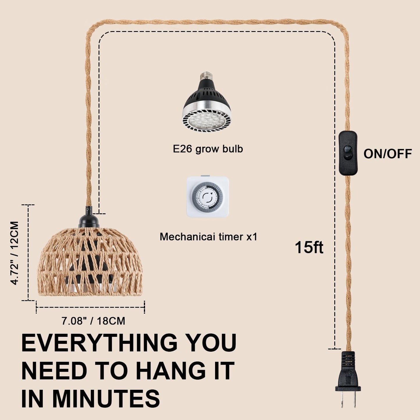 Hanging Grow Lights for Indoor Plants, Full Spectrum, with Timer and 15FT Power Cord, 30W Pendant Plant Lights for Indoor Growing, Garden, Flowers, Greenhouse (4000k, Weaving Style)