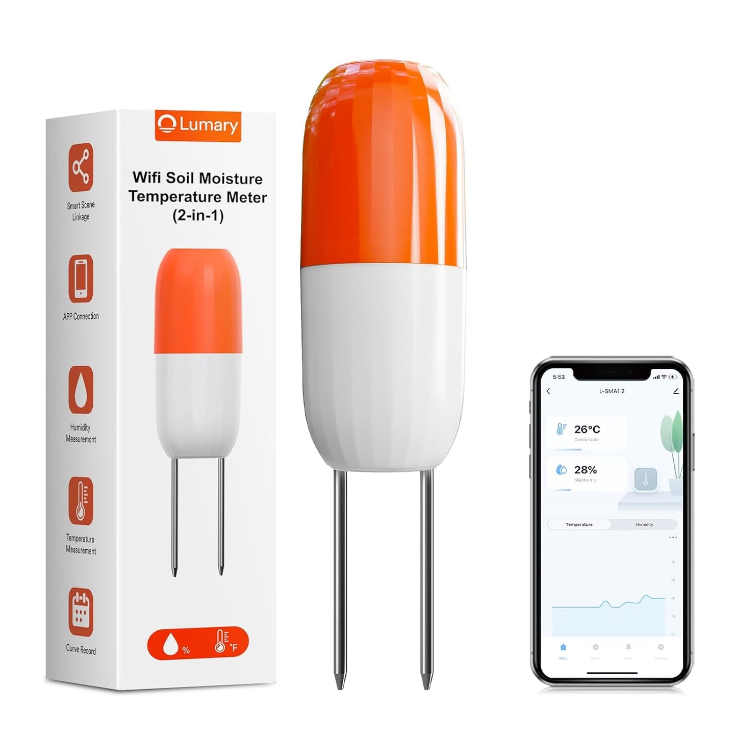 Lumary WiFi Moisture/Temperature ℃ Soil Meter, Work with Lumary Smart Water Timer, No Need Hub, App Monitor, Wireless Hygrometer Sensor for Outdoor IP67, Push Notification Lawn Greenhouse