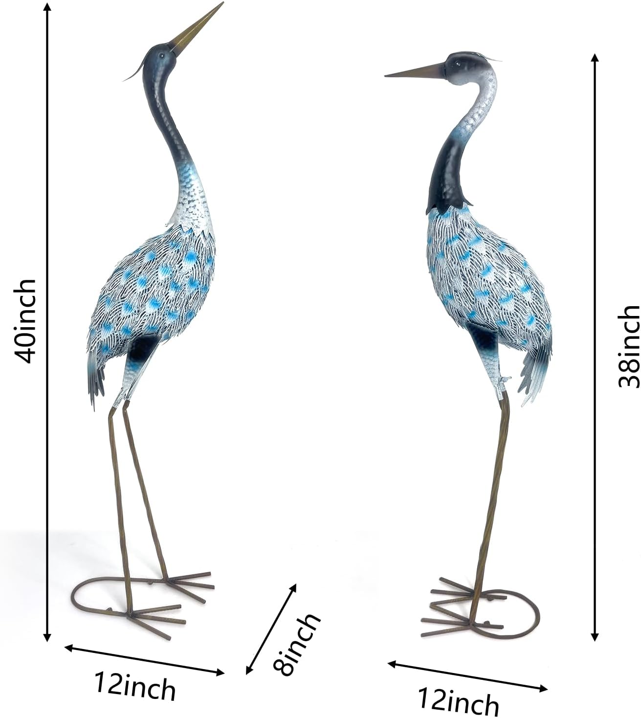 HONGLAND Garden Crane Statues Blue Heron Sculptures for Outdoor Metal Large Birds Lawn Ornaments for Yard Patio Porch Outside Decorations,Set of 2