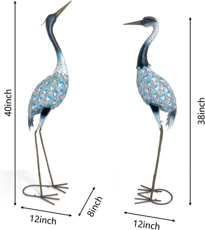 HONGLAND Garden Crane Statues Blue Heron Sculptures for Outdoor Metal Large Birds Lawn Ornaments for Yard Patio Porch Outside Decorations,Set of 2