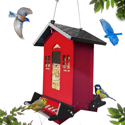 Squirrel Proof Bird Feeder, Red Metal Bird Seed Feeder for Outdoors Hanging Chew-Proof, 6lbs Large Seed Capacity for Cardinal, Finch, Sparrow, Blue Jay, Swallow
