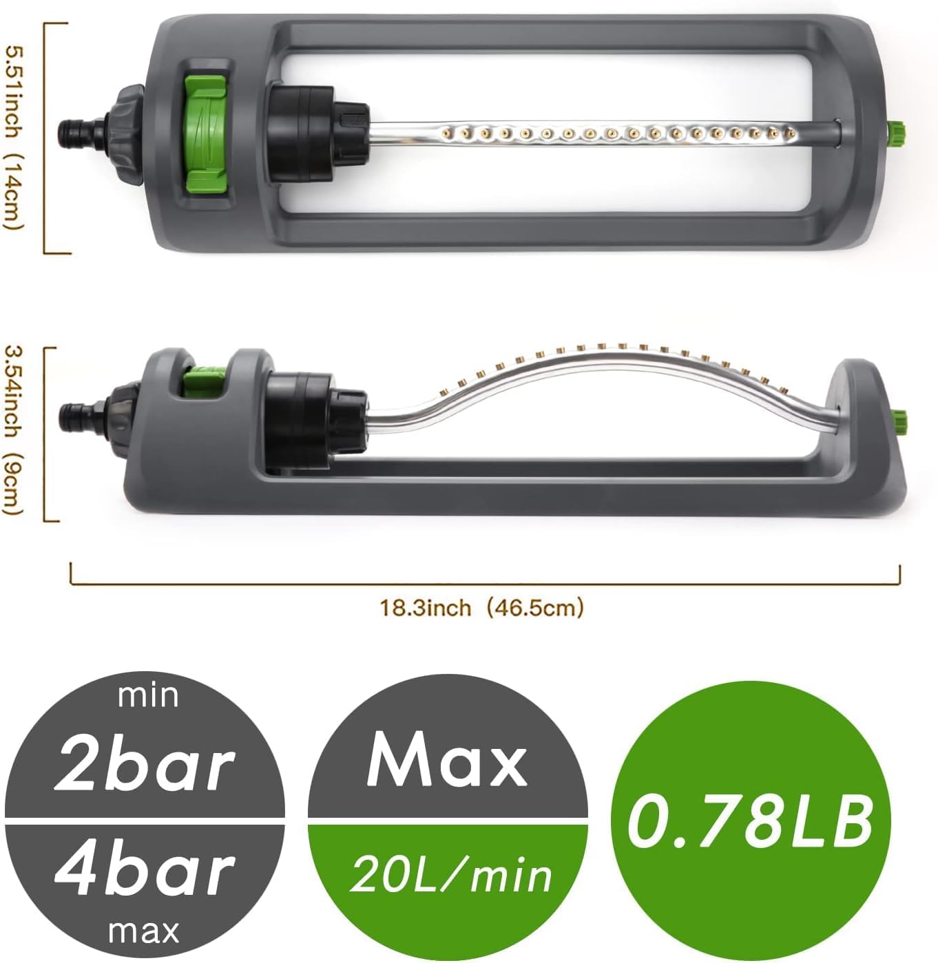Lawn Sprinkler, 18-Hole Brass Nozzle Oscillating Sprinkler, Garden Tool for Lawns up to 3,600 Square Feet, Jet Cleaning Needle Hidden on The End of The Product, Gray