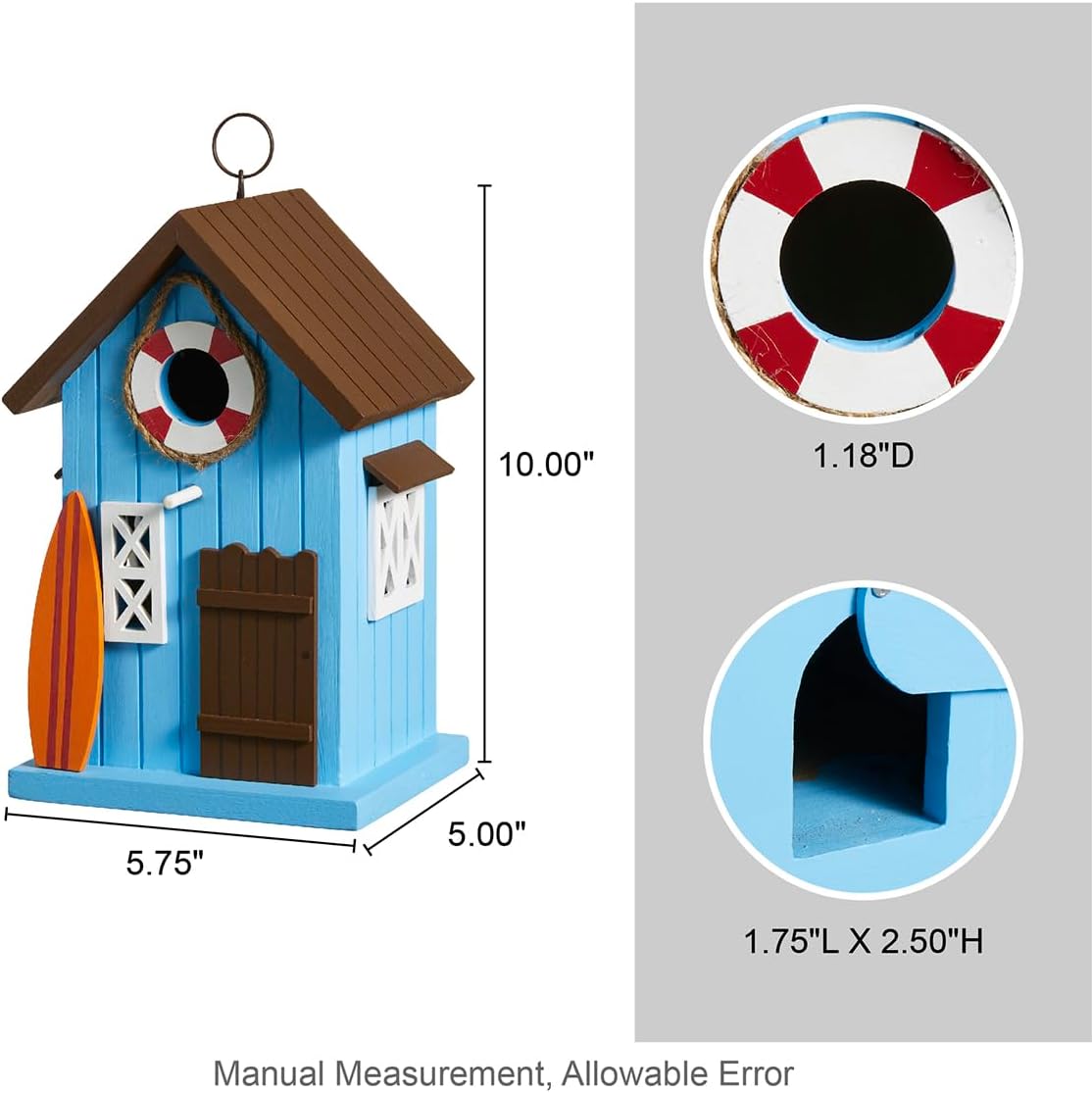 Glitzhome Blue Bird Houses for Outdoors, 10" H Modern Solid Wood Cottage Hand Painted Hanging Bird House Beach Hut Decorative Pet Cottage Outdoor Garden Birdhouse for Wren Finch Cardinals,Blue