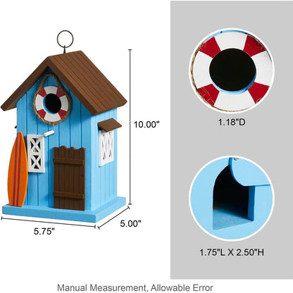 Glitzhome Blue Bird Houses for Outdoors, 10" H Modern Solid Wood Cottage Hand Painted Hanging Bird House Beach Hut Decorative Pet Cottage Outdoor Garden Birdhouse for Wren Finch Cardinals,Blue