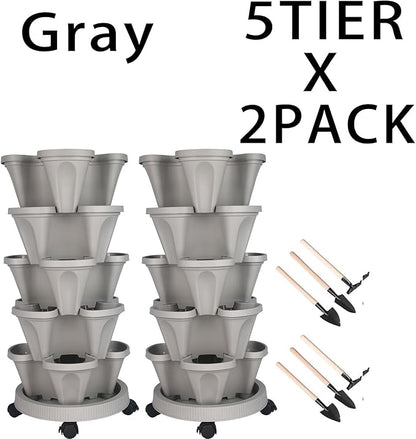 Vertical Planter 5 Tier Stackable Planters Garden Planters Strawberry Herb Flower and Vegetable Planter Indoor Outdoor Gardening Pots with Removable Wheels and Tools 2-Pack