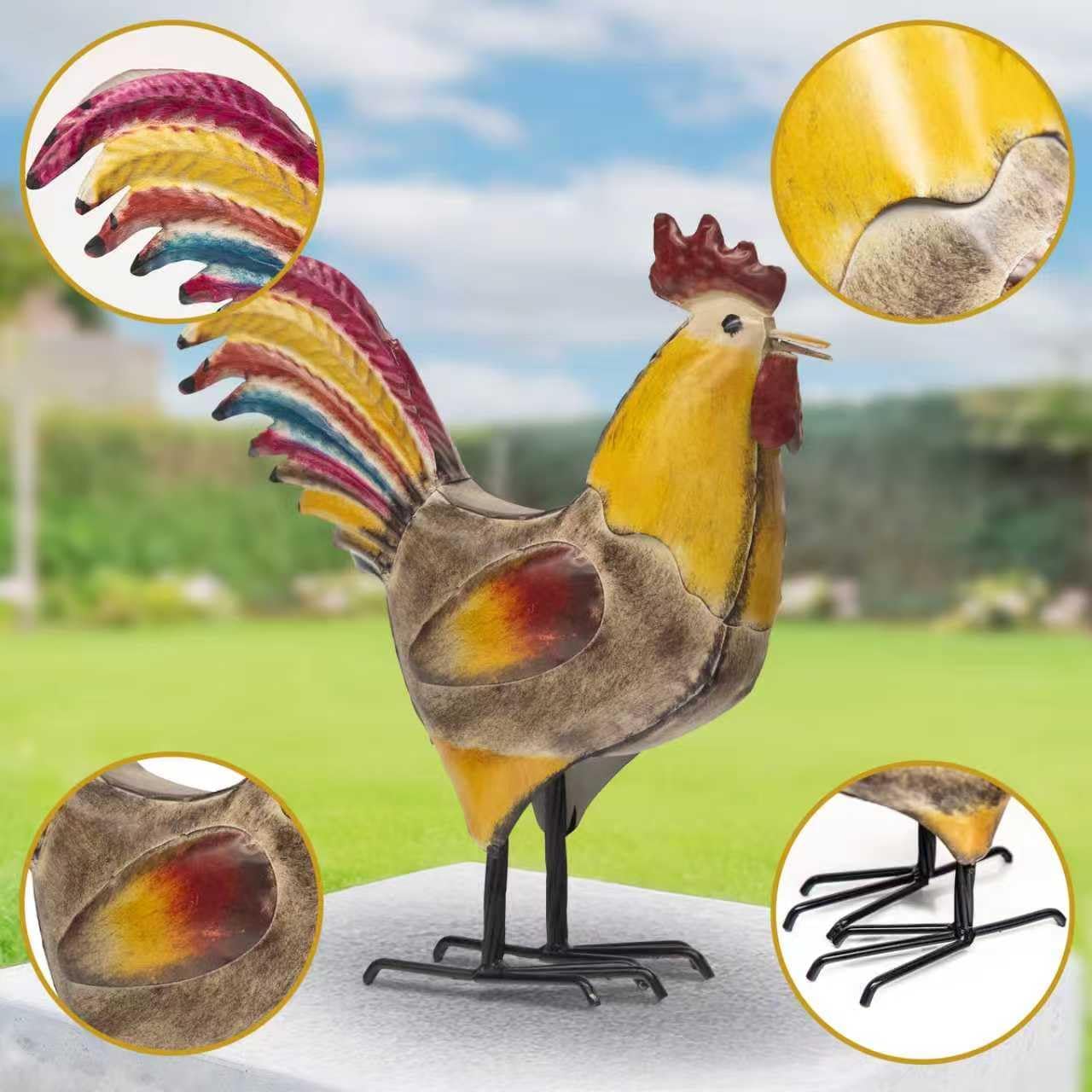 Metal Rooster and Hen Statues Set of 2, Indoor Outdoor Chicken Yard Art Decorations, Farmhouse Kitchen Table Garden Patio Lawn Decor, Gray Yellow Sculptures 12.2x11.5 Inch