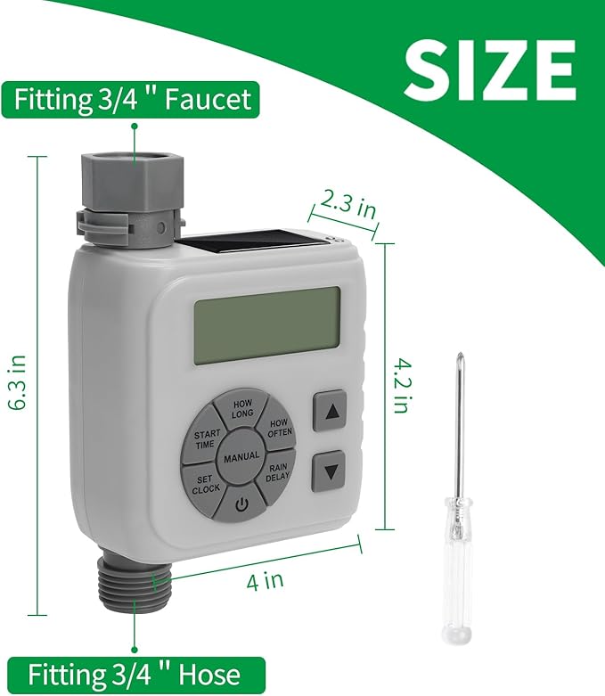 Sprinkler Timer, Programmable Irrigation Water Timer for Garden Hose, Solar/Battery Dual Power & Professional Leak-Proof Design, Rain Delay/Auto/Manual Watering System, Gray