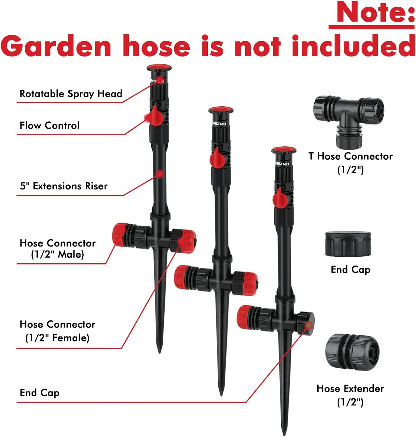 RESTMO Flexible Sprinkler System with Metal Spike Base, Above Ground DIY Irrigation Kit, Multi-Adjustable Lawn Sprinkler Set, Ideal for Plant and Flower Bed Watering, Red (Garden Hose Not Included)