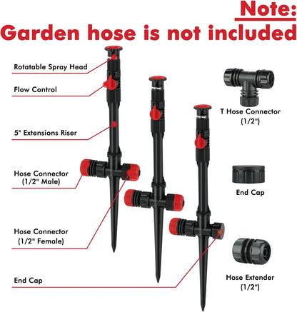 RESTMO Flexible Sprinkler System with Metal Spike Base, Above Ground DIY Irrigation Kit, Multi-Adjustable Lawn Sprinkler Set, Ideal for Plant and Flower Bed Watering, Red (Garden Hose Not Included)