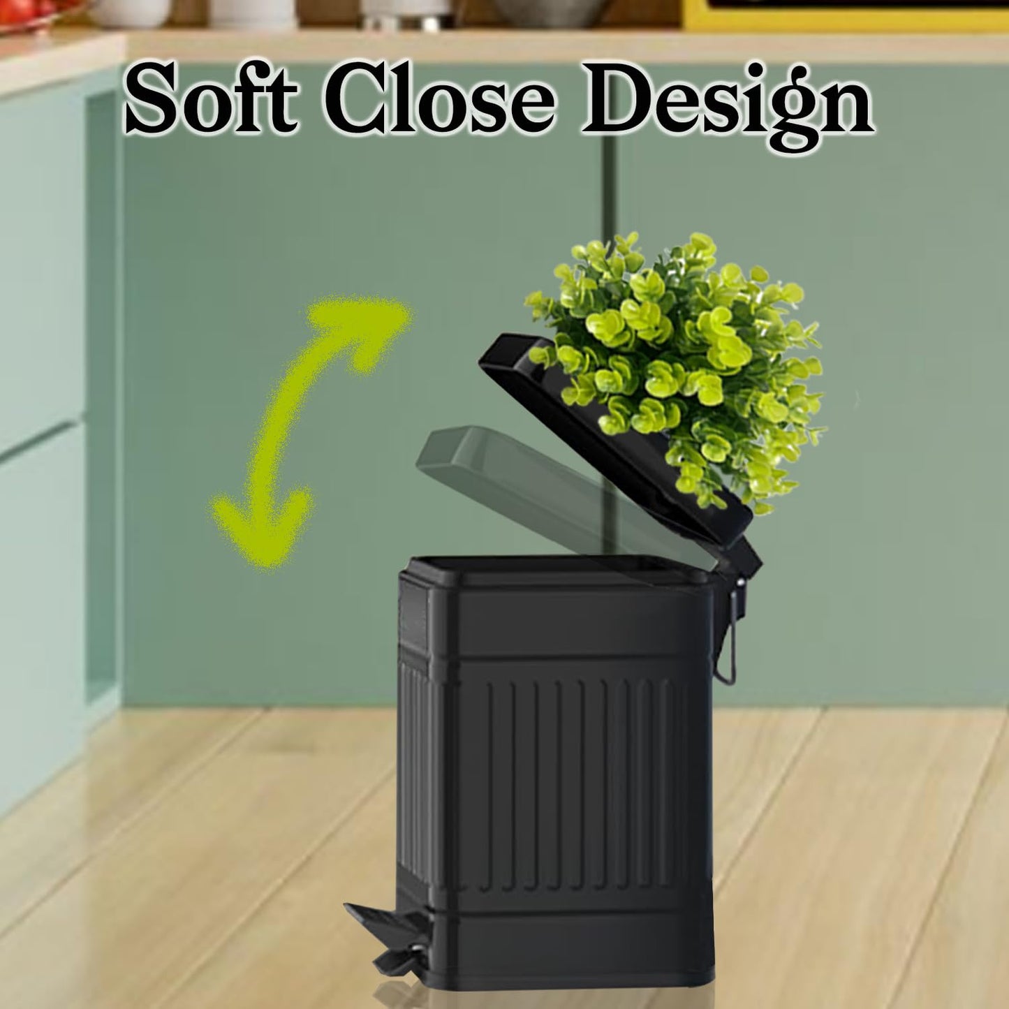 Small Trash Can with Lid, Plant-Styled Outdoor Dog Poop Trash Can Outside, Farmhouse Retro Metal Garbage Can for Bathroom Office, Dog Waste Container with Pedal, Soft Close, 5L/1.3 Gal, Black