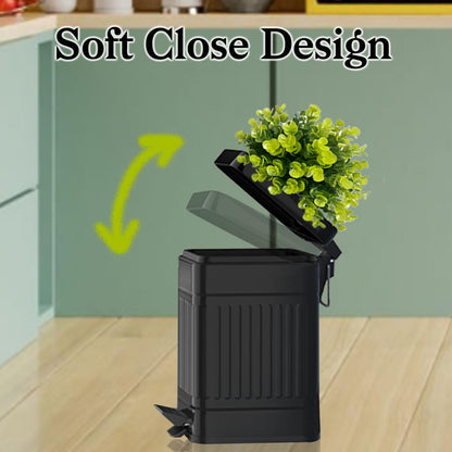 Small Trash Can with Lid, Plant-Styled Outdoor Dog Poop Trash Can Outside, Farmhouse Retro Metal Garbage Can for Bathroom Office, Dog Waste Container with Pedal, Soft Close, 5L/1.3 Gal, Black
