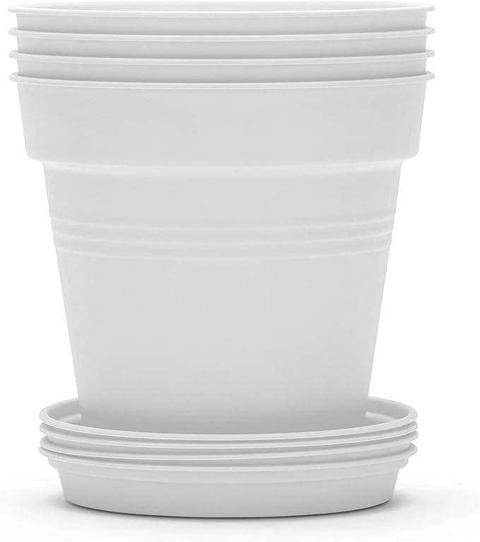 Mintra Home Garden Pots 4pk - Flowers, Herbs, Plants, Indoor, Outdoor, Colorful, Wholesale, Bulk (White, 15cm Diameter (5.9in))