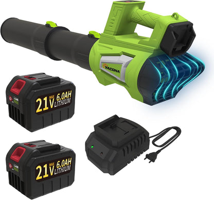 Leaf Blower Cordless Brushless with 6Ah Battery*2 and Charger, Strap, 21V Quiet 6-Speed Electric Leaf Blower with Display for Lawn Care, Leaves & Snow(Green)