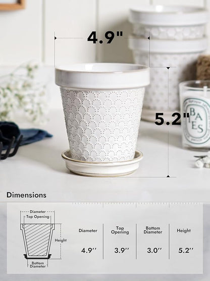LE TAUCI Ceramic Plant Pots, 4.9 Inch Flower Pots with Drainage Hole & Saucer, Embossed Planter Pots for Indoor Plant Succulent, Orchid, Cactus, Home Decor - Set of 4, Arctic White