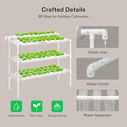 VIVOSUN Hydroponics Growing System 90 Plant Sites, 3 Layers 10 Food-Grade PVC-U Pipes Hydroponic Gardening System Grow Kit with Water Pump, Pump Timer, Nest Basket and Sponge for Leafy Vegetables